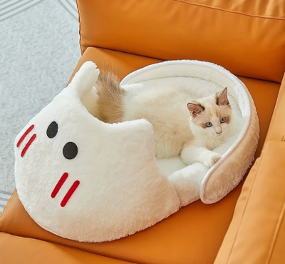 Cute Semi-Enclosed Cat Nest Bed, All Season Soft Plush Pet Mat for Cats & Small Dogs
