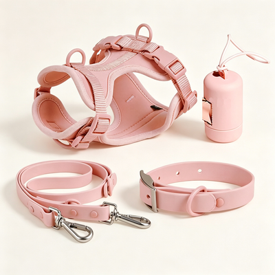 Waterproof Anti-Tear Dog Harness Collar Leash & Poop Bag Holder Set, Adjustable Outdoor Walking Pet Kit