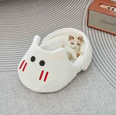 Cute Semi-Enclosed Cat Nest Bed, All Season Soft Plush Pet Mat for Cats & Small Dogs