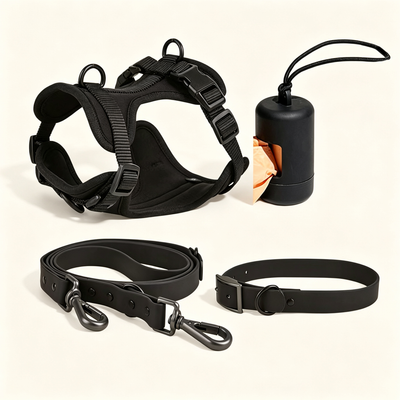 Waterproof Anti-Tear Dog Harness Collar Leash & Poop Bag Holder Set, Adjustable Outdoor Walking Pet Kit